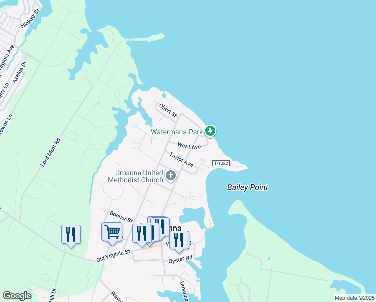 map of restaurants, bars, coffee shops, grocery stores, and more near 224 West Avenue in Urbanna