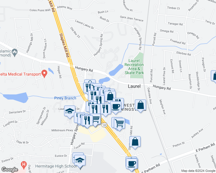 map of restaurants, bars, coffee shops, grocery stores, and more near 9312 Silverbush Drive in Richmond