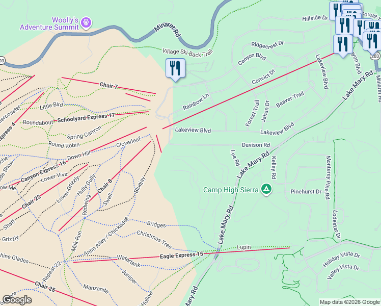 map of restaurants, bars, coffee shops, grocery stores, and more near 38-268 John Muir Rd in Mammoth Lakes