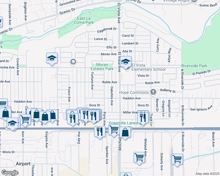 map of restaurants, bars, coffee shops, grocery stores, and more near 317 Oakshire Avenue in Modesto
