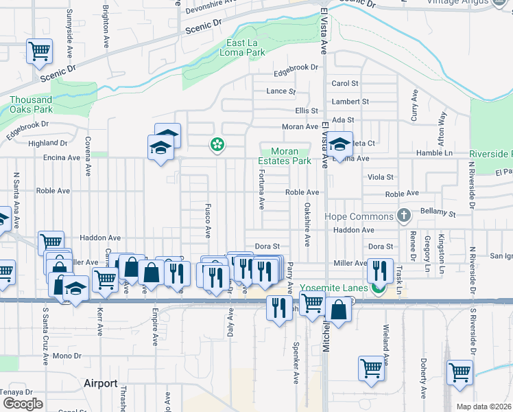 map of restaurants, bars, coffee shops, grocery stores, and more near 313 Fortuna Avenue in Modesto