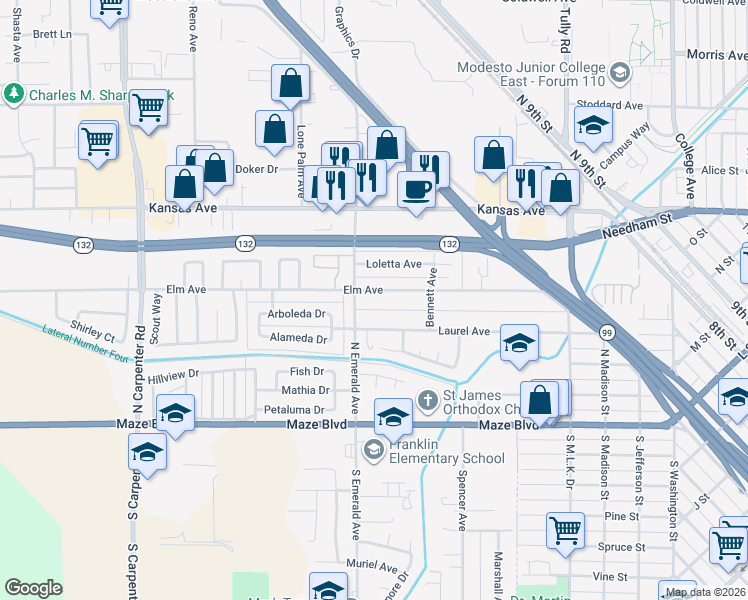 map of restaurants, bars, coffee shops, grocery stores, and more near 618 Laurel Avenue in Modesto