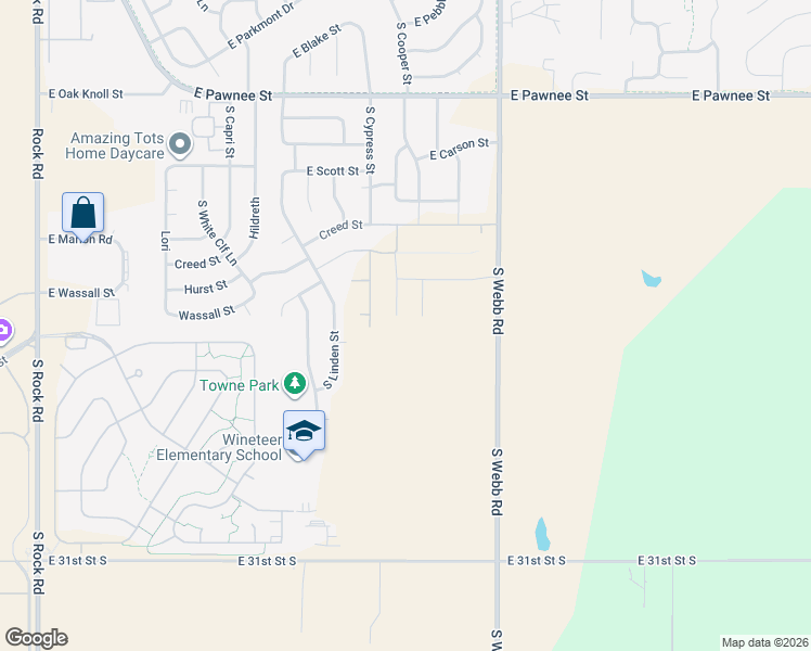 map of restaurants, bars, coffee shops, grocery stores, and more near 2601 South Webb Road in Wichita
