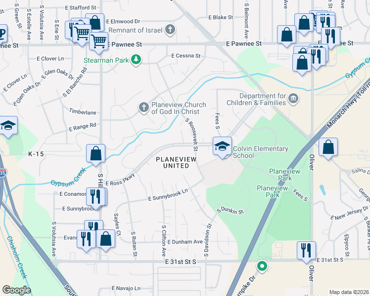 map of restaurants, bars, coffee shops, grocery stores, and more near 3756 East Appleby Court in Wichita
