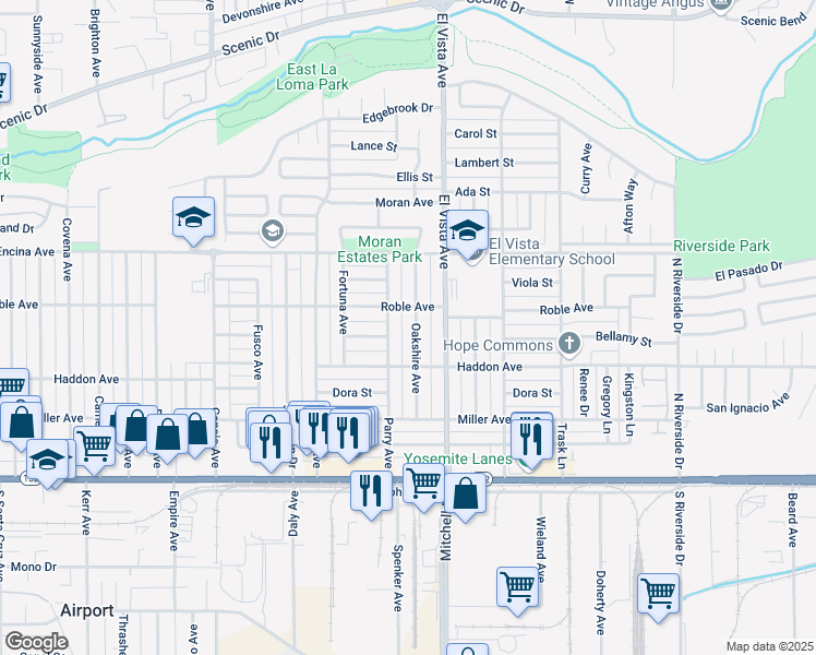 map of restaurants, bars, coffee shops, grocery stores, and more near 317 Oakshire Avenue in Modesto