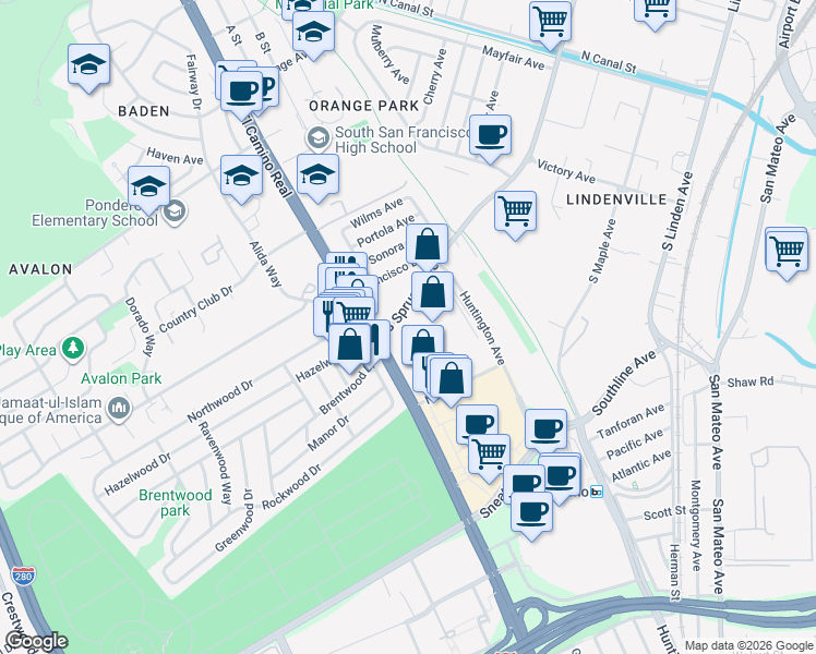 map of restaurants, bars, coffee shops, grocery stores, and more near 199 El Camino Real in South San Francisco