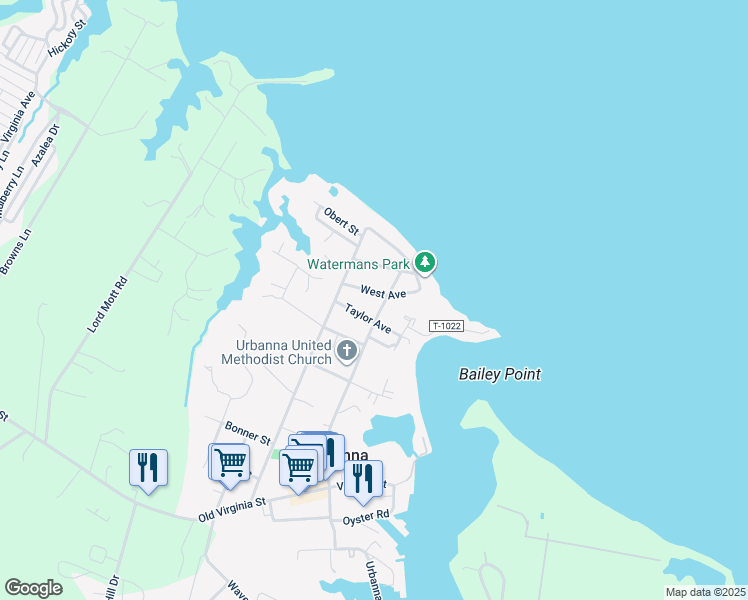 map of restaurants, bars, coffee shops, grocery stores, and more near 240 West Avenue in Urbanna