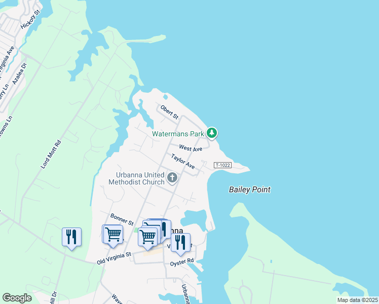 map of restaurants, bars, coffee shops, grocery stores, and more near 224 West Avenue in Urbanna