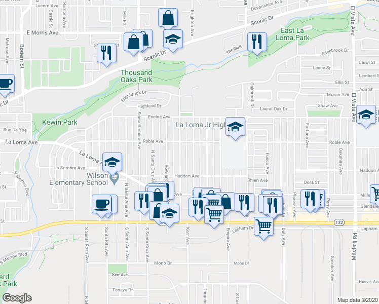 map of restaurants, bars, coffee shops, grocery stores, and more near 337 Camellia Way in Modesto