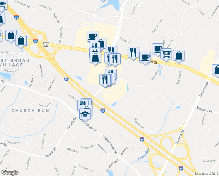 map of restaurants, bars, coffee shops, grocery stores, and more near 3621 Cox Road in Henrico