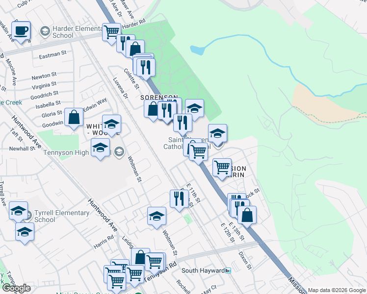 map of restaurants, bars, coffee shops, grocery stores, and more near 27369 Mission Boulevard in Hayward