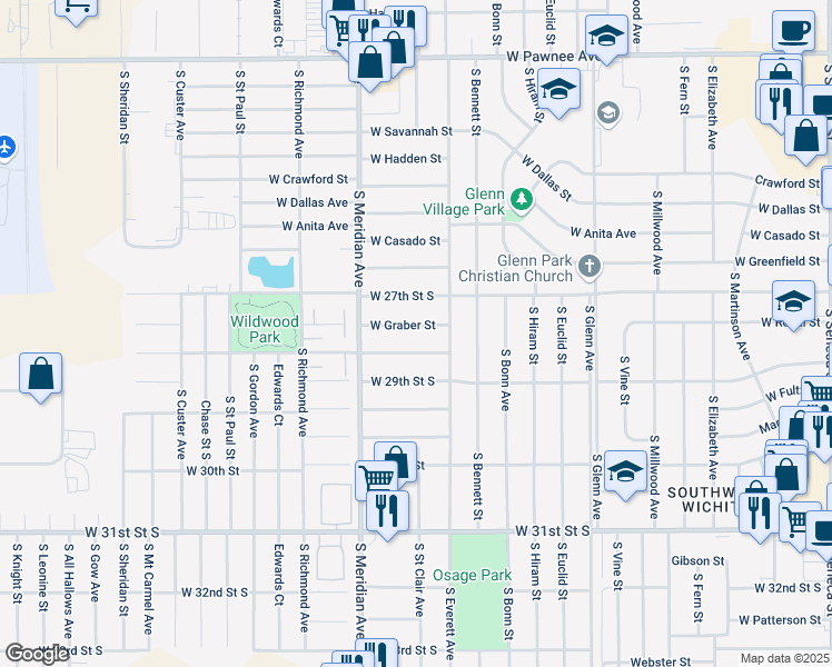 map of restaurants, bars, coffee shops, grocery stores, and more near 2216 Wildwood Street in Wichita