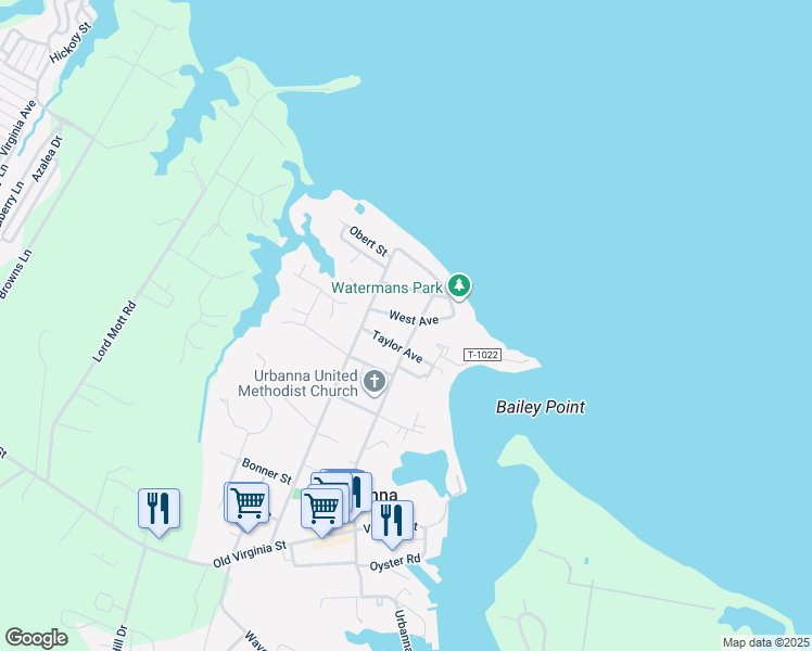 map of restaurants, bars, coffee shops, grocery stores, and more near 240 West Avenue in Urbanna