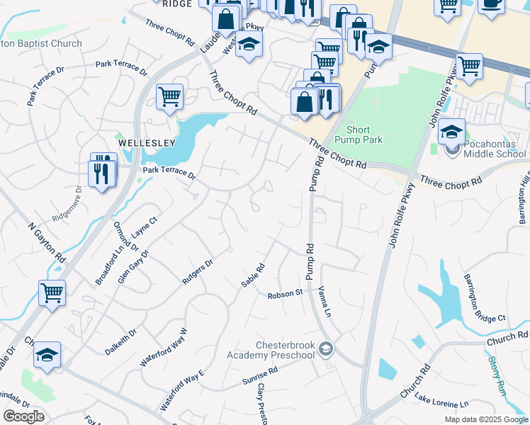 map of restaurants, bars, coffee shops, grocery stores, and more near 2901 Huntwick Court in Henrico