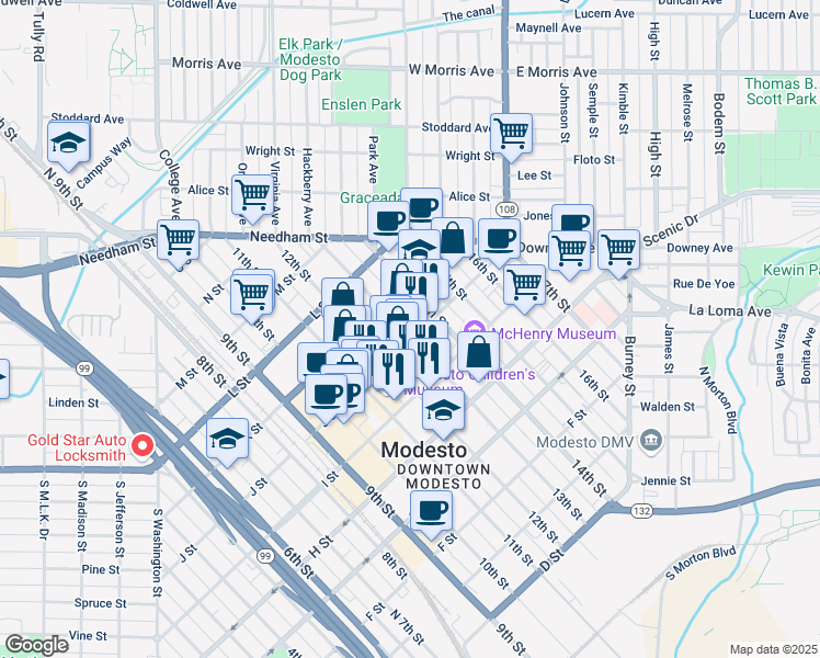 map of restaurants, bars, coffee shops, grocery stores, and more near 981 13th Street in Modesto
