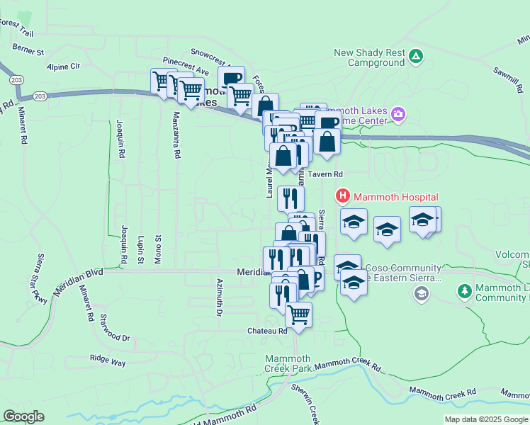 map of restaurants, bars, coffee shops, grocery stores, and more near 274 Laurel Mountain Road in Mammoth Lakes