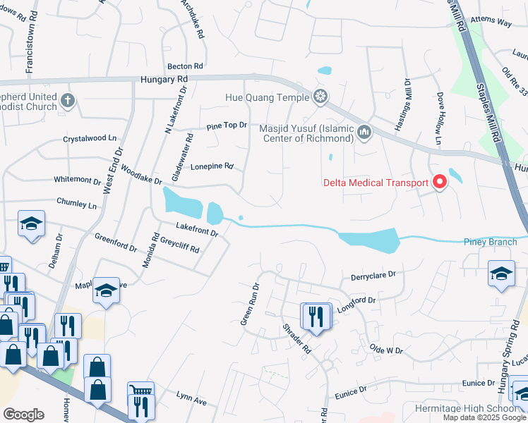 map of restaurants, bars, coffee shops, grocery stores, and more near 8587 Woodlake Drive in Richmond