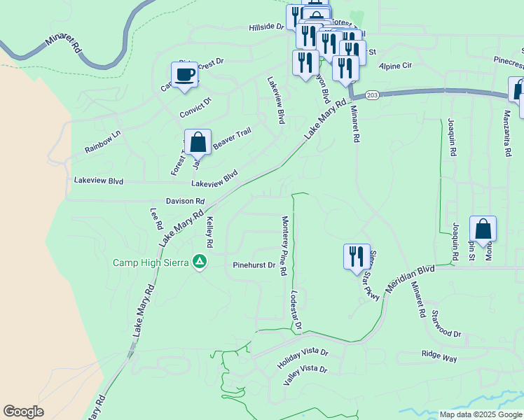 map of restaurants, bars, coffee shops, grocery stores, and more near 50 Monterey Pine Rd in Mammoth Lakes