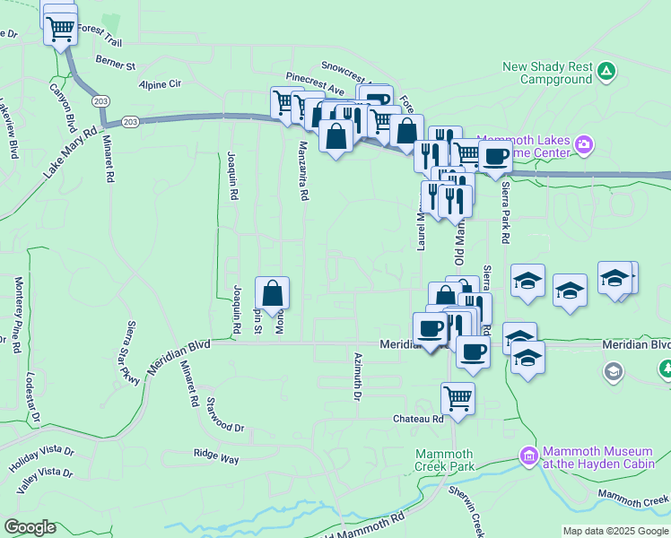 map of restaurants, bars, coffee shops, grocery stores, and more near 380 Chaparral Rd in Mammoth Lakes