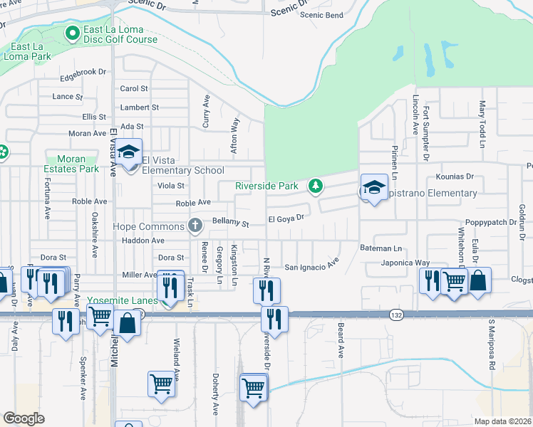 map of restaurants, bars, coffee shops, grocery stores, and more near 2600 El Goya Drive in Modesto