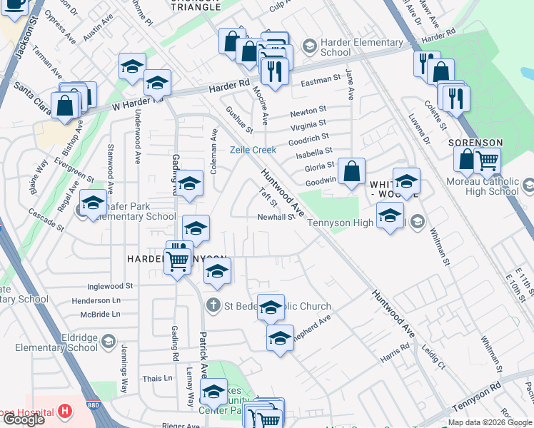 map of restaurants, bars, coffee shops, grocery stores, and more near 154 Newhall Street in Hayward