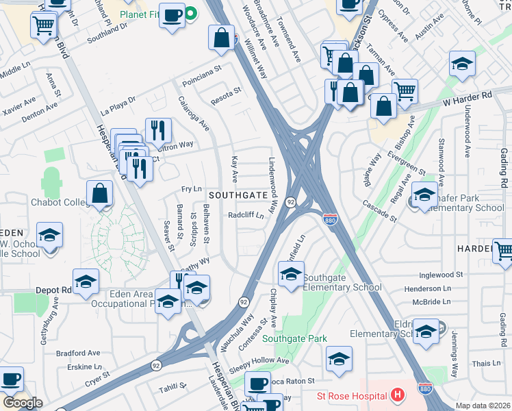 map of restaurants, bars, coffee shops, grocery stores, and more near 1260 Radcliff Lane in Hayward