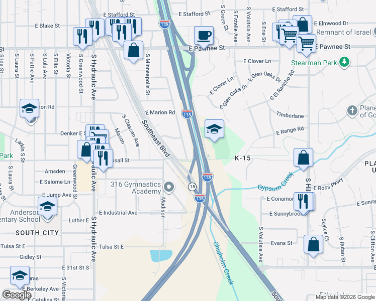 map of restaurants, bars, coffee shops, grocery stores, and more near 2751 South Minnesota Avenue in Wichita