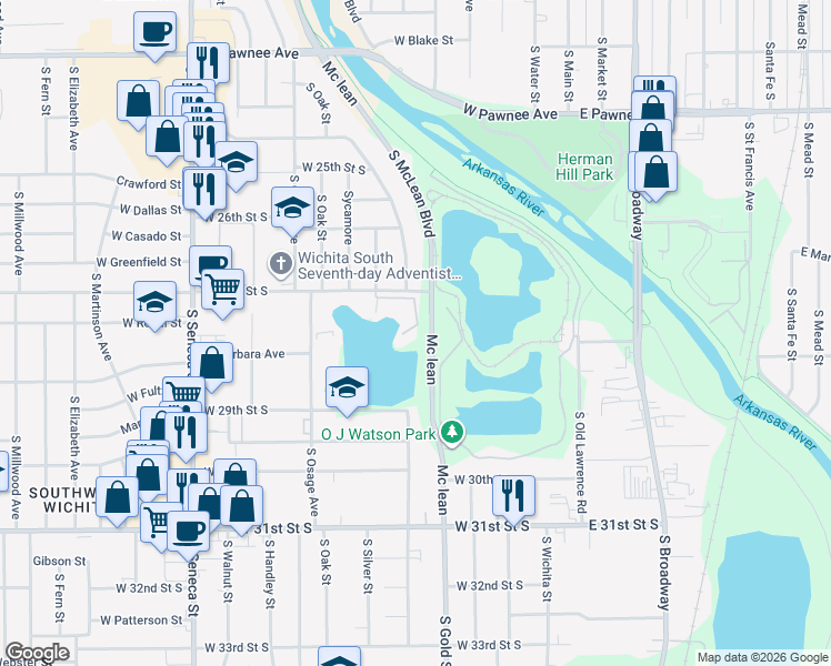 map of restaurants, bars, coffee shops, grocery stores, and more near 2847-3029 South McLean Boulevard in Wichita