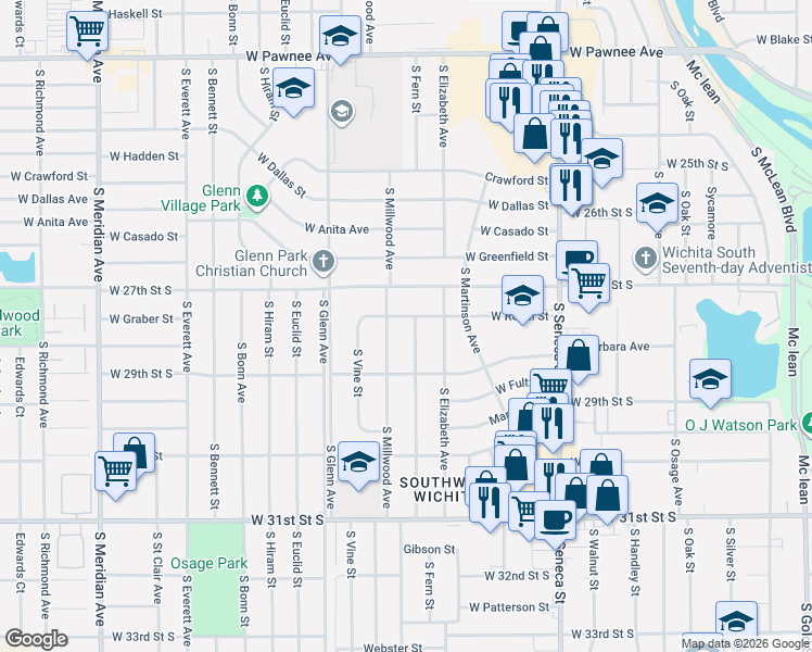 map of restaurants, bars, coffee shops, grocery stores, and more near 2920 South Millwood Avenue in Wichita