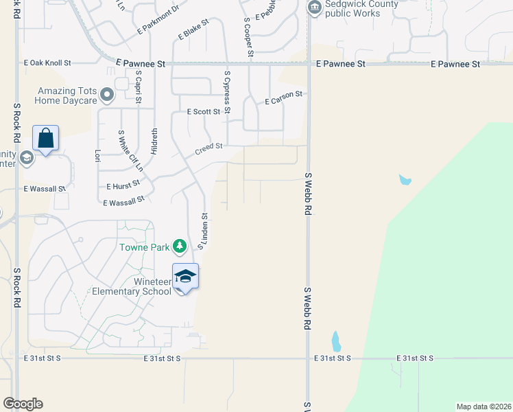map of restaurants, bars, coffee shops, grocery stores, and more near 2601 South Webb Road in Wichita