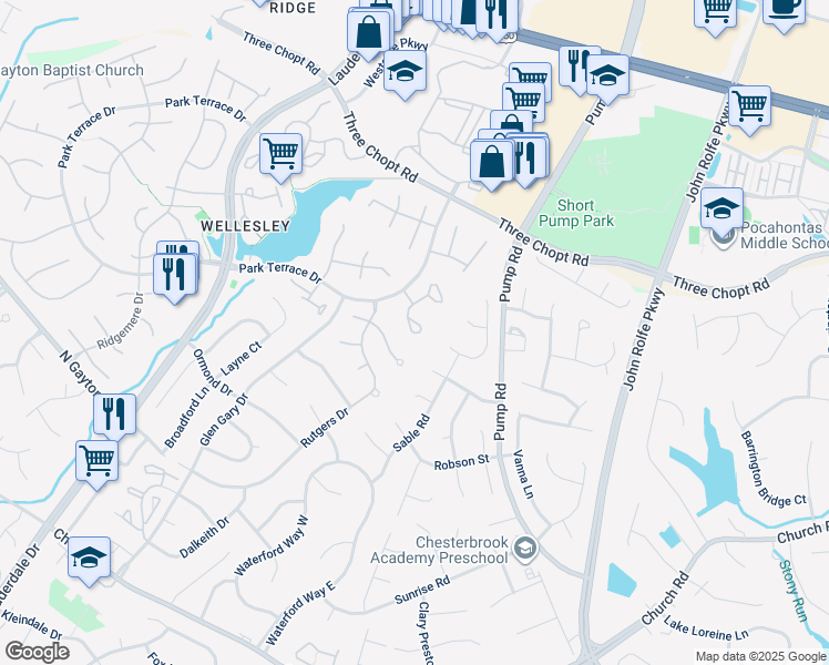 map of restaurants, bars, coffee shops, grocery stores, and more near 2901 Huntwick Court in Henrico