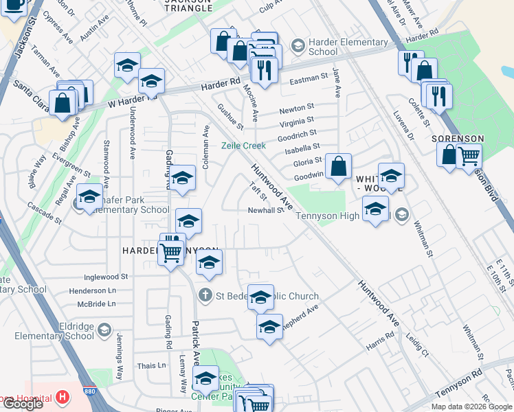 map of restaurants, bars, coffee shops, grocery stores, and more near 154 Newhall Street in Hayward