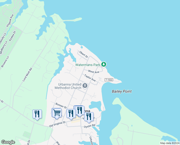 map of restaurants, bars, coffee shops, grocery stores, and more near 246 West Avenue in Urbanna