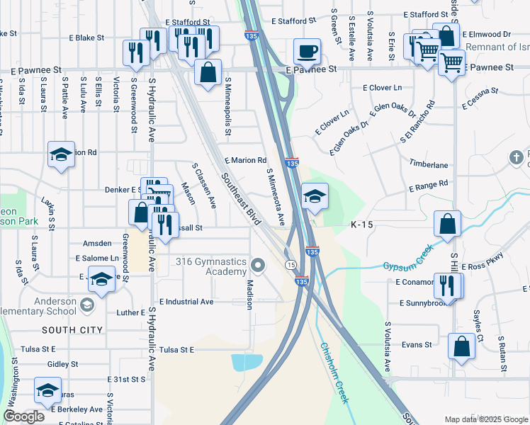 map of restaurants, bars, coffee shops, grocery stores, and more near 2090-2098 E Wassall St in Wichita