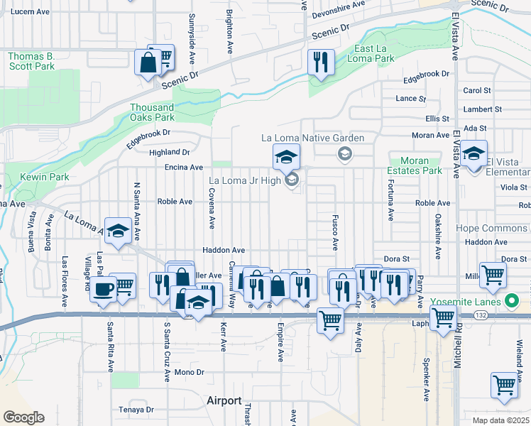 map of restaurants, bars, coffee shops, grocery stores, and more near 341 Rosina Avenue in Modesto