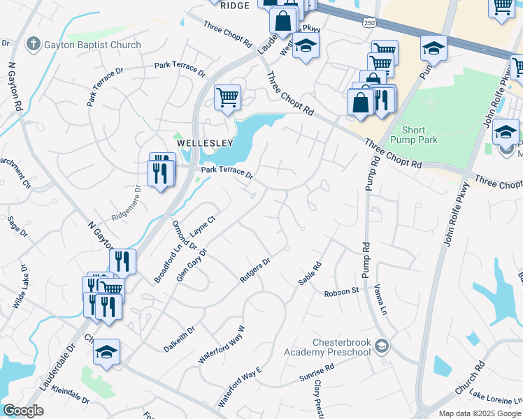 map of restaurants, bars, coffee shops, grocery stores, and more near 2813 Burnlake Court in Richmond