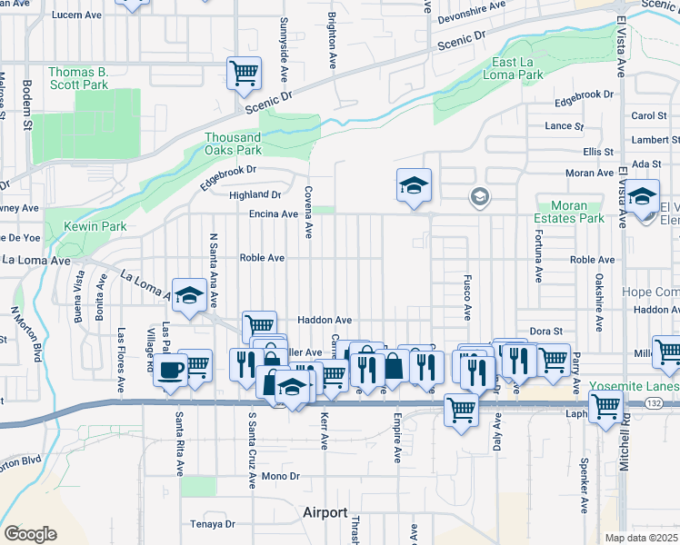 map of restaurants, bars, coffee shops, grocery stores, and more near 342 Camellia Way in Modesto