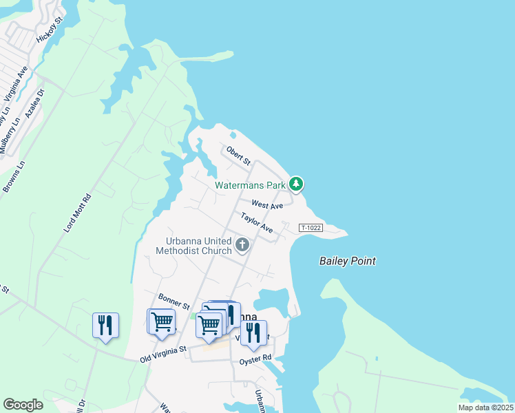 map of restaurants, bars, coffee shops, grocery stores, and more near 246 West Avenue in Urbanna