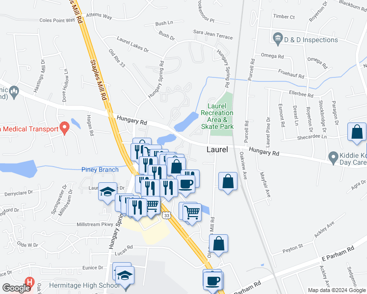 map of restaurants, bars, coffee shops, grocery stores, and more near 3006 Silverbush Court in Henrico