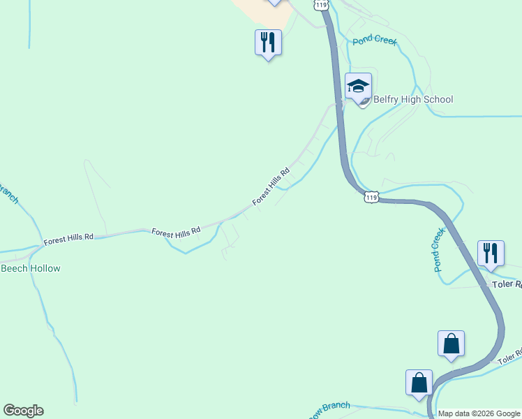 map of restaurants, bars, coffee shops, grocery stores, and more near 57 Woodhill Drive in Belfry