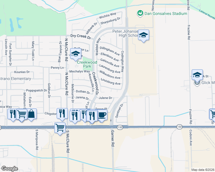 map of restaurants, bars, coffee shops, grocery stores, and more near 3717 Vanceboro Court in Modesto