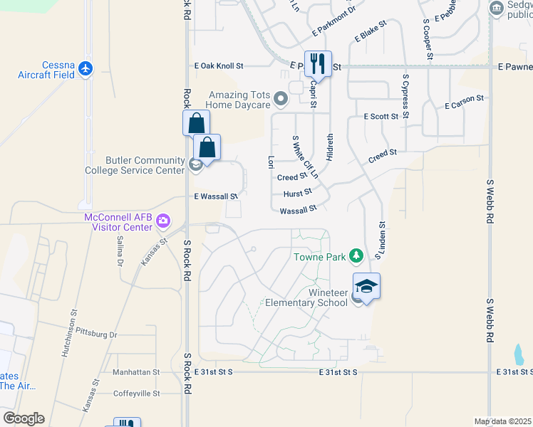 map of restaurants, bars, coffee shops, grocery stores, and more near 8428 Travis Drive in Wichita