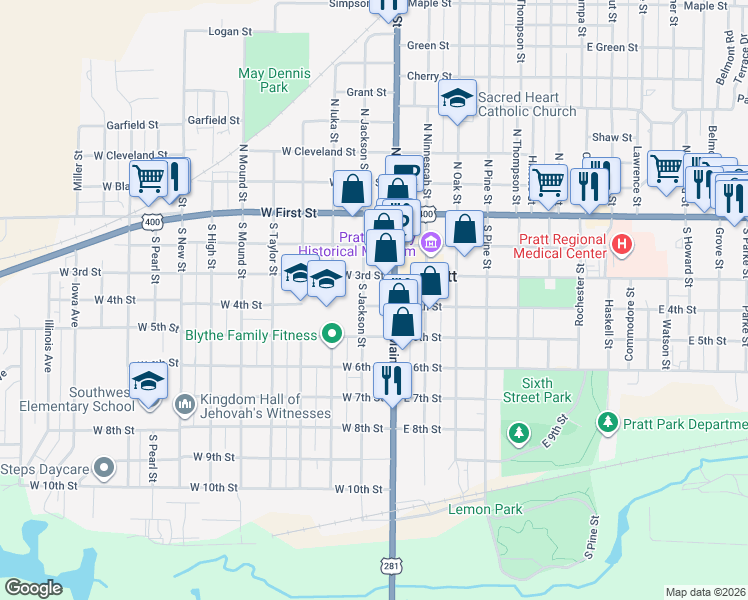 map of restaurants, bars, coffee shops, grocery stores, and more near 123 West 4th Street in Pratt