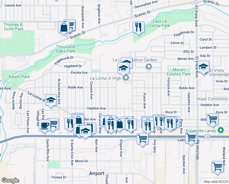map of restaurants, bars, coffee shops, grocery stores, and more near 343 Rosina Avenue in Modesto