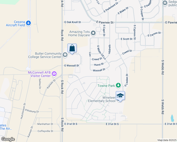 map of restaurants, bars, coffee shops, grocery stores, and more near 8428 Travis Drive in Wichita