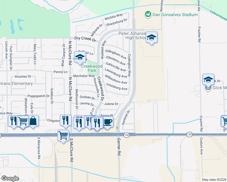 map of restaurants, bars, coffee shops, grocery stores, and more near 3717 Vanceboro Court in Modesto