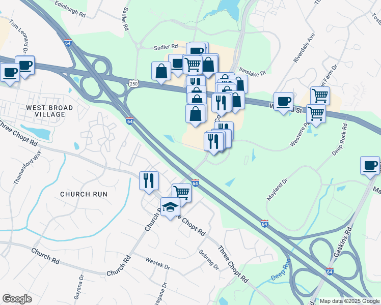 map of restaurants, bars, coffee shops, grocery stores, and more near Interstate 64 in Henrico