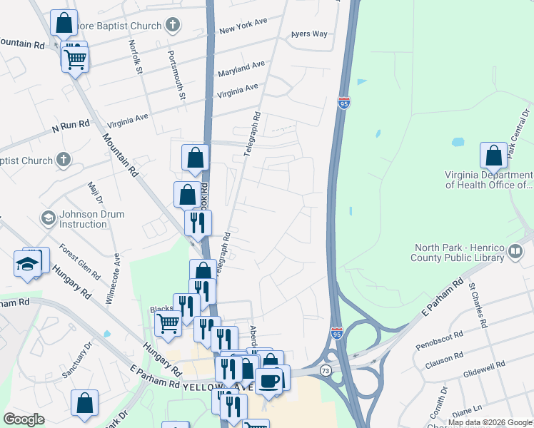 map of restaurants, bars, coffee shops, grocery stores, and more near 8701 Telegraph Road in Glen Allen