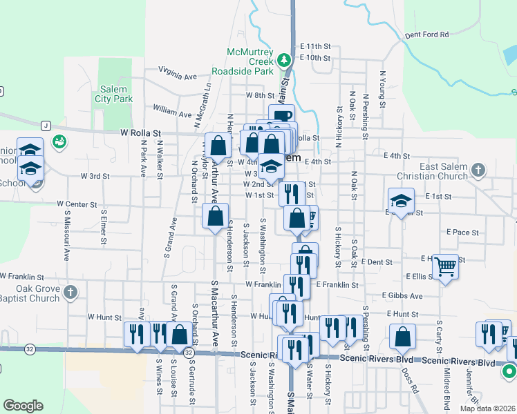 map of restaurants, bars, coffee shops, grocery stores, and more near 103 South Washington Street in Salem