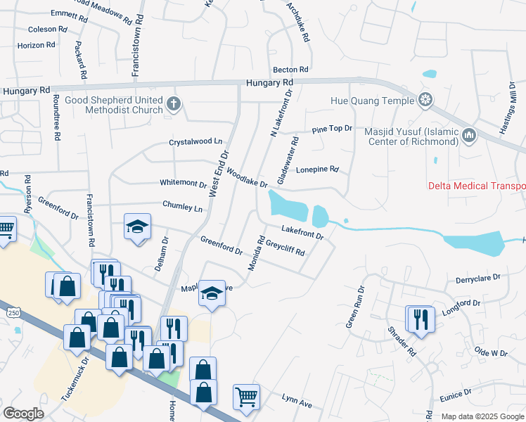 map of restaurants, bars, coffee shops, grocery stores, and more near 4103 North Lakefront Drive in Richmond